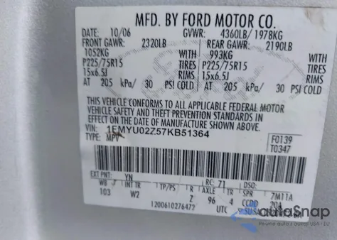 2007 Ford Escape Xls/Xls Manual z USA, uszkodzony, nr VIN 1FMYU02Z57KB51364